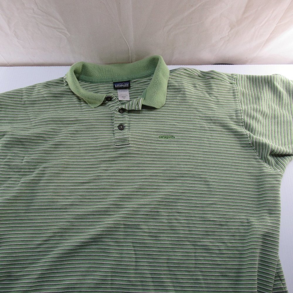 patagonia men's XL polo shirt with green and white stripes organic cotton